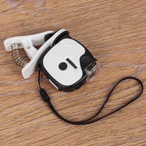 New 55 times Mini microscope LED lamp UV currency checking lamp high power jewelry magnifying glass with mobile phone clip