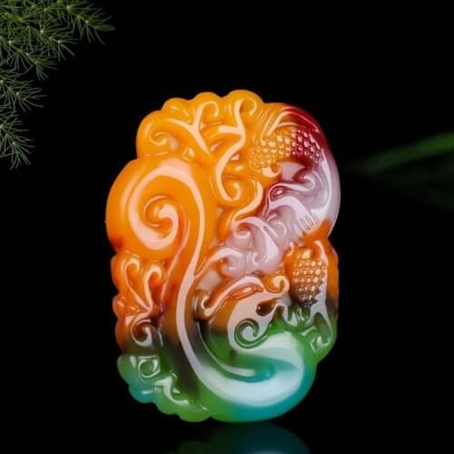 Chinese Natural Colour Jade Dragon Phoenix Pendant Necklace Hand-Carved Jadeite Charm Jewelry Amulet Fashion for Men Women Gifts