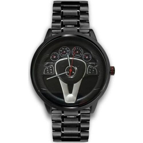 Casual Personality Classic precision Mens Quartz watch Racing Free Stainless Casual Sports 3D Car Steering Wheel Clock