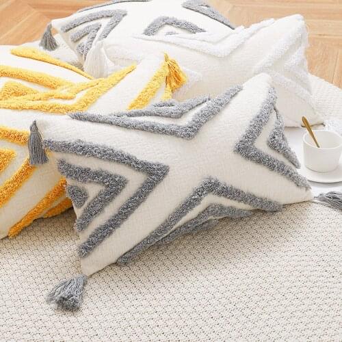 Boho Tassels Throw Pillow Cover Moroccan Tufted Decorative Cream Chenille Cushion Case for Couch (White Grey Yellow)