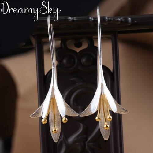 Korean Fashion Real Silver Color Long Flower Drop Earrings Female High Quality Handmade Flower Earrings Thailand Crafts