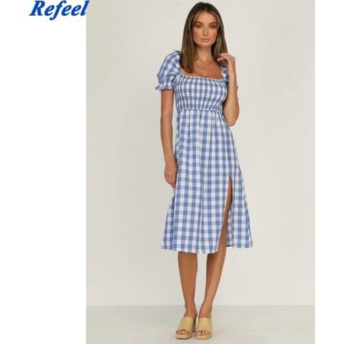 Chic summer plaid dress women Fashion ruff sleeve Elastic waist beach dress female clothing Vintage casual dress