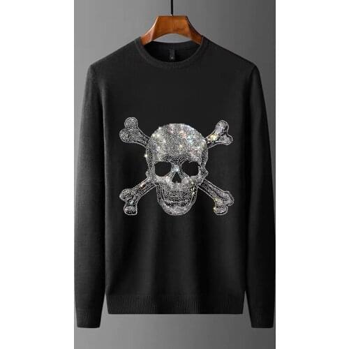 Super Heavy Craft Rhinestone Personality Mens Sweater Three-Dimensional Skull Shiny Brand Design Original Long Sleeves
