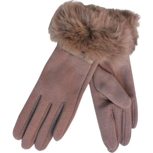 Woman Light Brown Gloves Rabbit Fur Fur Cuff Very Soft Beige Bow