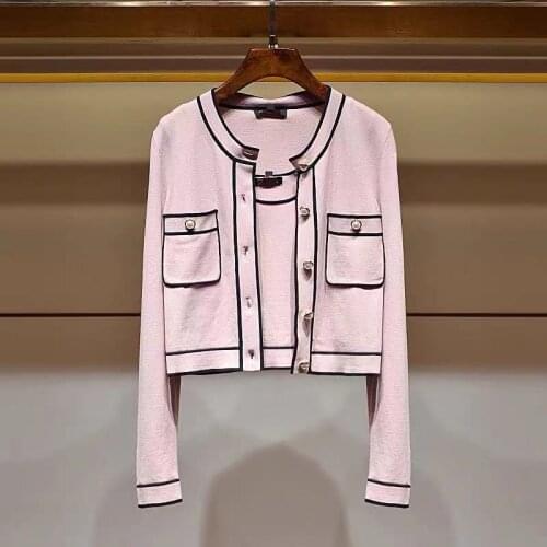 Women Sweater 2021 Fall Contrasting Color Knit Cardigan Slim Pink and White Two-color Two-piece Jacket
