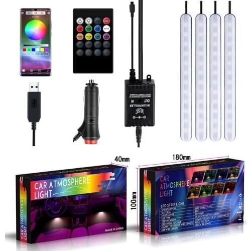 Car LED Light Bluetooth App Neon Lights Multiple Modes Color USB Atmosphere Lighting Kit Wireless Remote Control Car Accessories