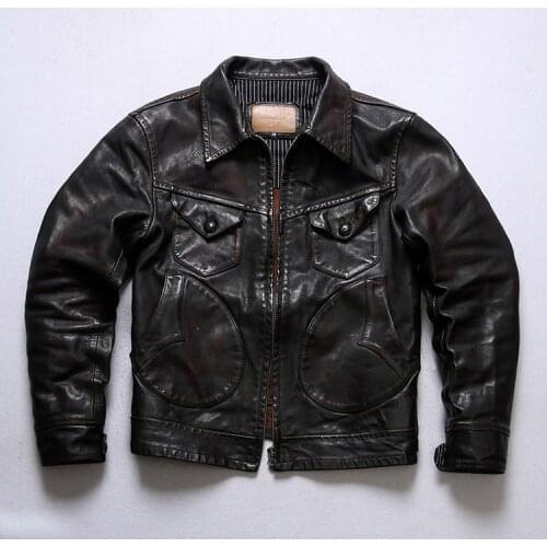 Free shipping.Brand Original horsehide jacket.men luxury vintage tea core leather coat.plus size natural leather clothes