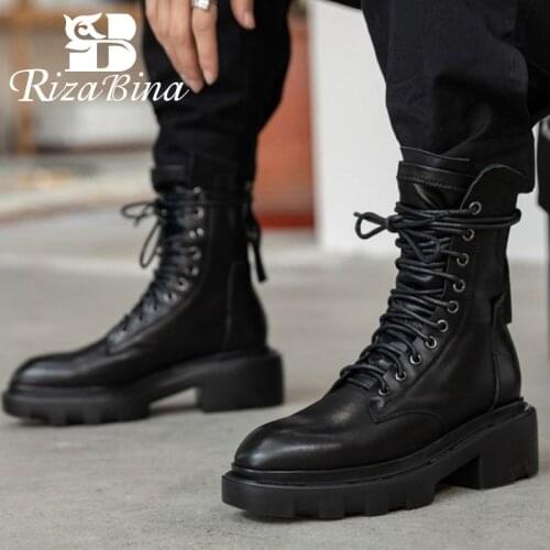 RIZABINA New Winter Genuine Leather Women Ankle Boots Shoes Thick Heels Cool Fashion Punk Style Ladies Footwear Size 34-40