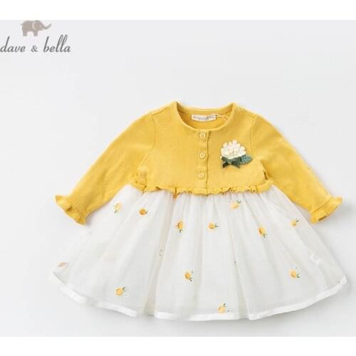 DBJ12801 dave bella spring baby girls princess cute flora sweater dress children fashion party dress kids infant lolita clothes