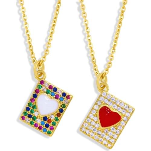FLOLA Copper CZ Red Heart Necklace Multicolor White Stone Crystal Gold Chain Necklace Rainbow Jewelry nkew14