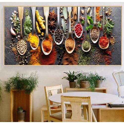 Kitchen Themed Wall Art Decor Colorful Spice and Spoon In Table Canvas Paintings Food Cooking Ingredients Canvas Art Print Decor