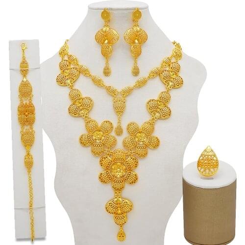 Jewellery Set Dubai African Bridal Gifts Wedding Ornament Flowers Shape Jewelry Sets For Women 24K Gold Color Necklace Set