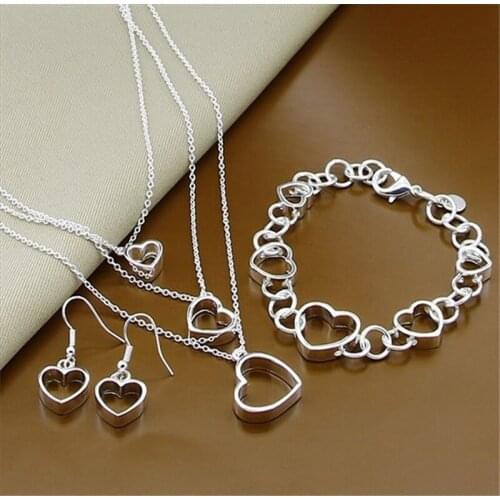 Charmhouse Silver 925 Jewelry Sets For Women 3 Layer Heart Pendant Necklace Bracelet Earrings 3 pcs Set Wedding Costume Jewelry