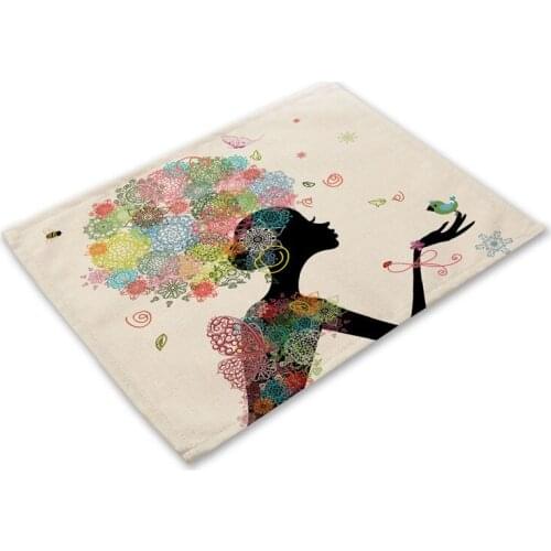 Flower Girls Pattern Kitchen Placemat Flower Fairy Dining Table Mats Coaster Cotton Linen Pad Bowl Cup Mat