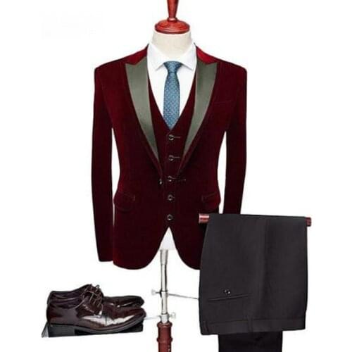 Costume Homme 2019 Groomsmen Suit For Men Terno Slim Fit 3 Pieces Burgundy Blazer Wedding Groom Tuxedo Mens Velvet Prom Suit