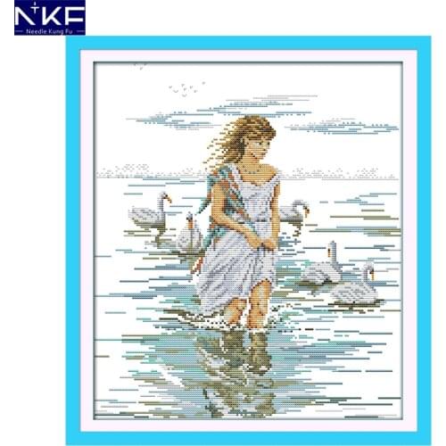 NKF The Goose-girl Pattern DIY Handmade Craft Needlework Cross Stitch Set Embroidery Kit Printed Design Stitching Home Decor