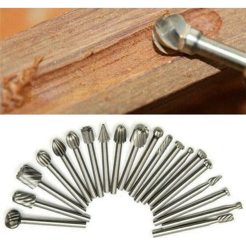 20pcs Silver HSS Carbide Burr Set Rotary Drill Bits Die Grinder Wood Carving Engraving Tool Different Angle