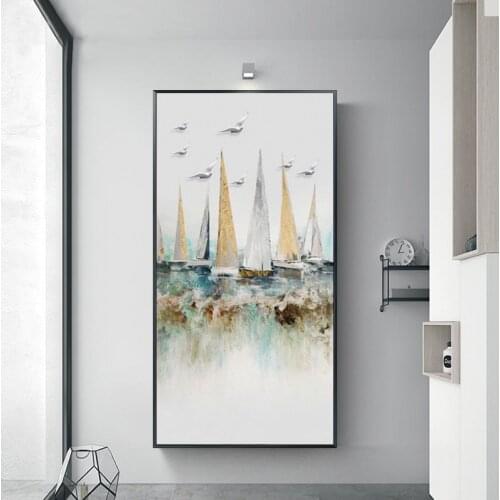 Wall Art Big Oil Picture Abstract Sailboat with Bird Canvas Painting Landscape Posters and Prins for Gallery Living Room Decor