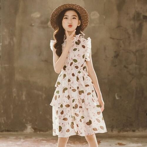 Summer 2021 New Teen Girls Dress Children Clothing Floral Print Beach Kids Dress With Sashes Ruffles Collar Pink Cute Dress