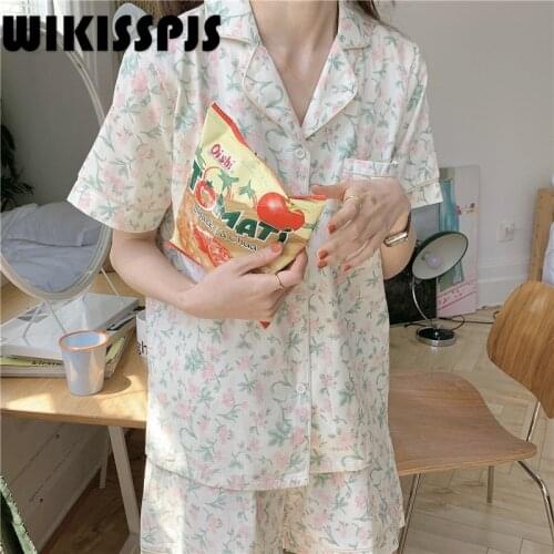 2021 Summer New Short Sleeve Pajamas Womens Thin Print Cute Loose Two Piece Home Clothes Womens Two Piece Sets Pjs Women