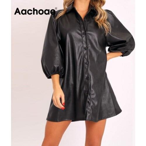 Aachoae Streetwear Faux Leather Dress Women Sexy Club Mini Dress Fashion Lantern Sleeve Turn Down Collar A-line Dresses Vestidos