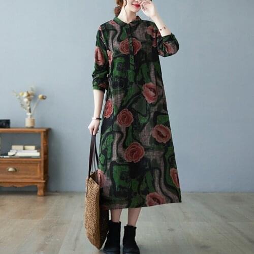 National Women Cotton Linen Long Dresses Robes Vestido 2021 Autumn Vintage Floral Dress Elegant Print Loose Female Casual Pocket