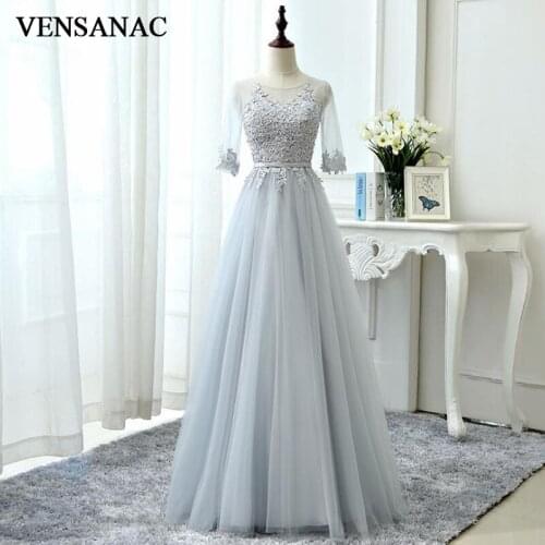 VENSANAC 2018 Illusion O Neck Appliques A Line Long Evening Dresses Lace Half Sleeve Sash Backless Party Prom Gowns