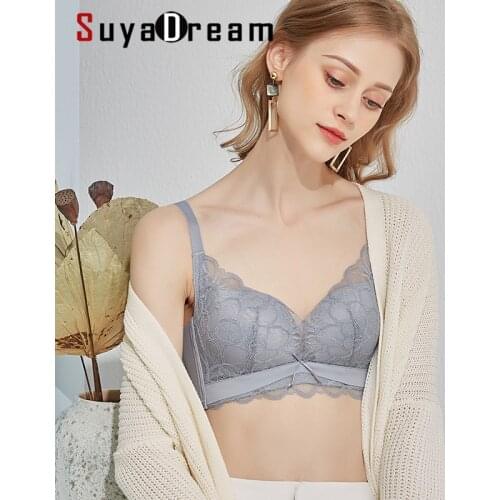 SuyaDream Women 3/4 Cups Lace Bras 100%Silk Lining Wire Free Padding French Style Bra 2021 Black Intimates