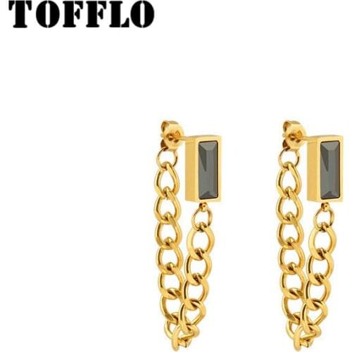 TOFFLO Stainless Steel Jewelry Green Square Diamond Tassel Zircon Chain Earrings Womens Fashion Earrings BSF400