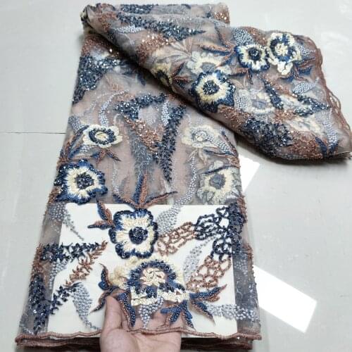 High Quality L-588689 French Net African Tulle Mesh Lace Fabric with beads For Dress 5yards