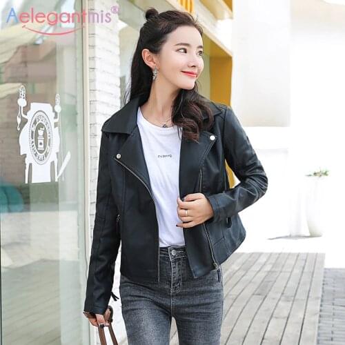 Aelegantmis Autumn New Slim PU Leather Jacket Women Casual Short Soft Faux Leather Biker Jacket Ladies Fashion Zipper Basic Coat