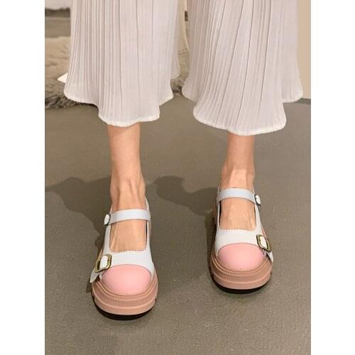 Womens Shoes Leather Shoes 2021 New Autumn Fashion Shallow Mouth Round Toe Thick Heel Thick Sole Buckle Mary Jane Shoes