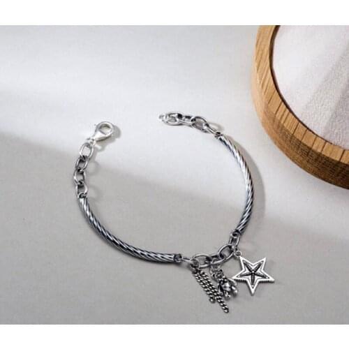 Vintage Handmade Star Bear Tassel Charms Bracelet Bangles For Women Thai Silver Color Bracelet