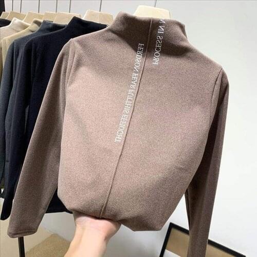 Womens Pullover Plush Korean Style Stretch Casual Pullover Fashion Slim High-neck Warm Female Solid Color T Shirt Autumn Winter