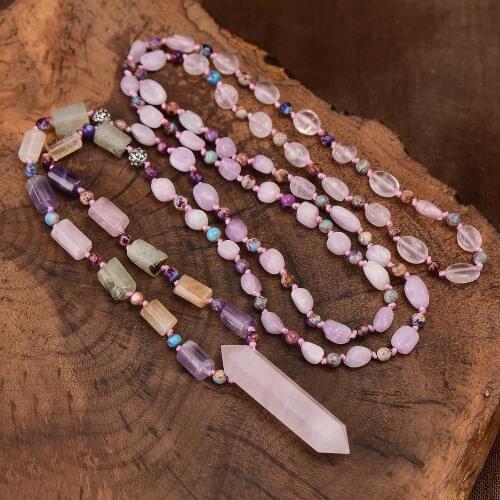 PInk Hexagonal Awl Talisman Pendant Necklace Female Statement Handmade Beaded Stones