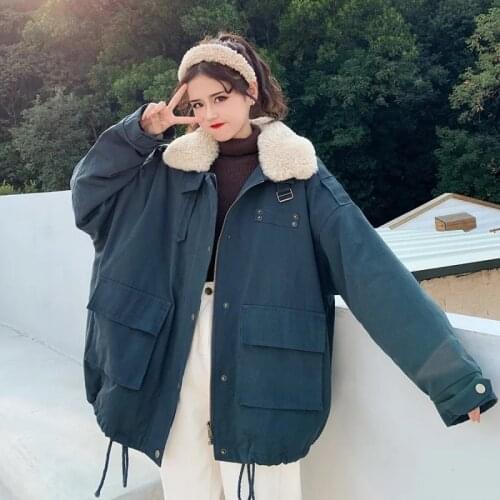 Womens Coat 2021 New Autumn Winter Tooling Cotton Clothes Loose Zipper Students Wild Thickening Plus Fluffy Collar Coats Tide