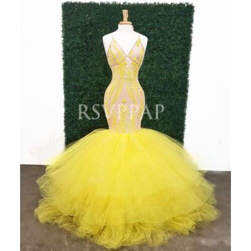 Yellow Mermaid Prom Dress 2021 Real Picture Sexy Lace Top V-neck Backless African Black Girl Long Prom Dresses