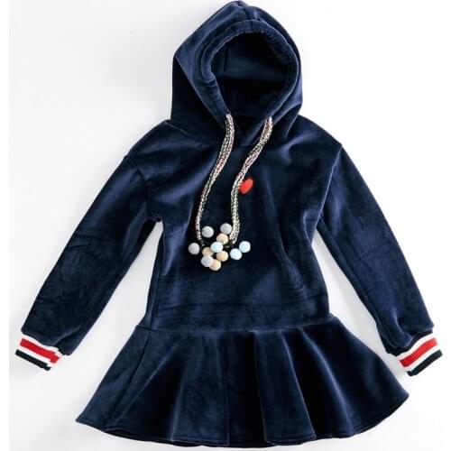 4-14Y Teenager Winter Warm Girls Hooded Sweater Ruffle Dresses Plus Velvet Christmas Dress For Kids Girls Casual Dress Clothes