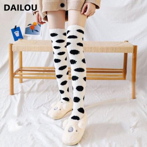 Winter Cartoon Coral Velvet Women Socks Sweet Plus Velvet Thickening Happy Funny Dots Knee High Socks Gifts New Year Socks 2021