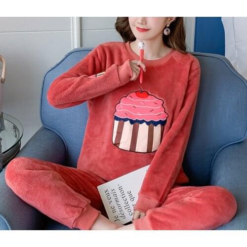 Winter Think Flannel Pajama Set Womens Coral Fleece O-neck Top with Pant 2 Pieces Sleepwear Home Clothing Warm Female Nightgown
