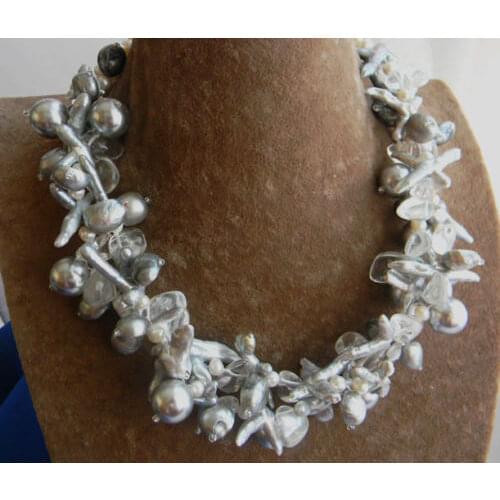 2017 2Strands 1814mm Shell Pearl Gray Baroque Freshwater Pearl Crystal Necklace earring gift1