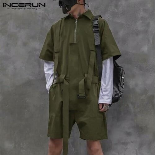 2021 Fashion Men Rompers Lapel Short Sleeve Solid Zipper Casual Jumpsuits Streetwear Loose Pockets Cargo Overalls S-5XL INCERUN