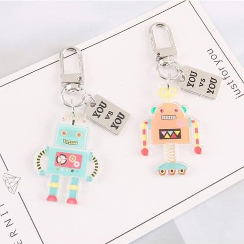 New Cartoon Robot Acrylic Keychain Metal Listing Letter Rectangle Tag Key Ring for Women Men Kids Bag Pendant Keyfob Decoration
