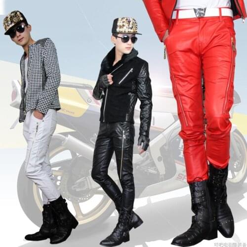 Free Shipping ! Tight Leather Pants Winter Personality Slim Leather Pants Mens Clothing Leather Trousers / 28-36