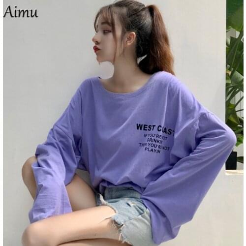 Harajuku oversized T Shirt Women batwing Sleeve Basic Korean letter printed purple t-shirts Top Female Long Sleeve White T-shirt