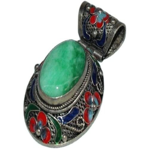 China Old Tibetan Silver Cloisonne Jade Pendant
