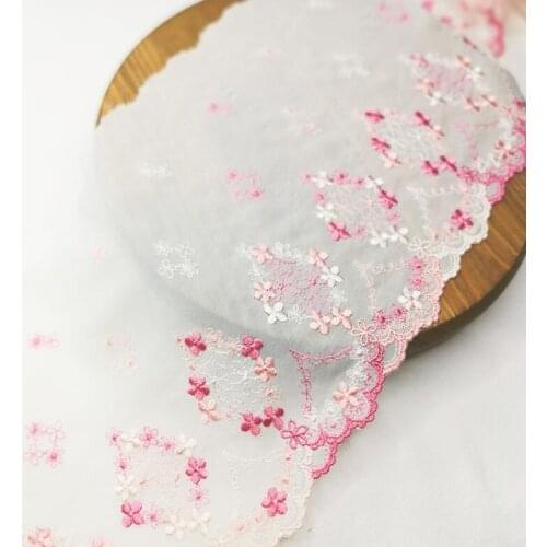 1 Meter Ivory with Pink Color Embroidery Chiffon Lace Fabric Tull Mesh Flower Lace Trims DIY Dress Doll Free Shipping