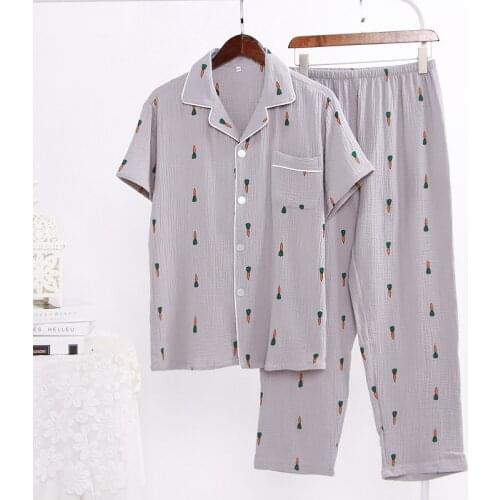 Summer Cotton Thin Gauze Short-sleeved Trousers Pajamas for Women and Men Couple Pijama Suit Plus Size Radish Cartoon Sleepwear