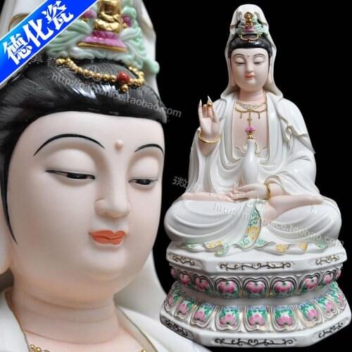 Micro beautiful 16 inch painted gold sitting lotus Guanyin Buddha Buddhist ceramic crafts like Feng Shui town house in Dehua