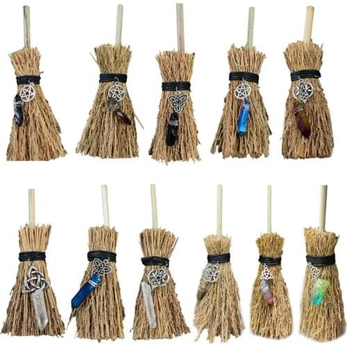 Mini Broom Straw Witch Brooms with Crystal Pendant Decorations for Halloween Wicca Altar Broom Accessories